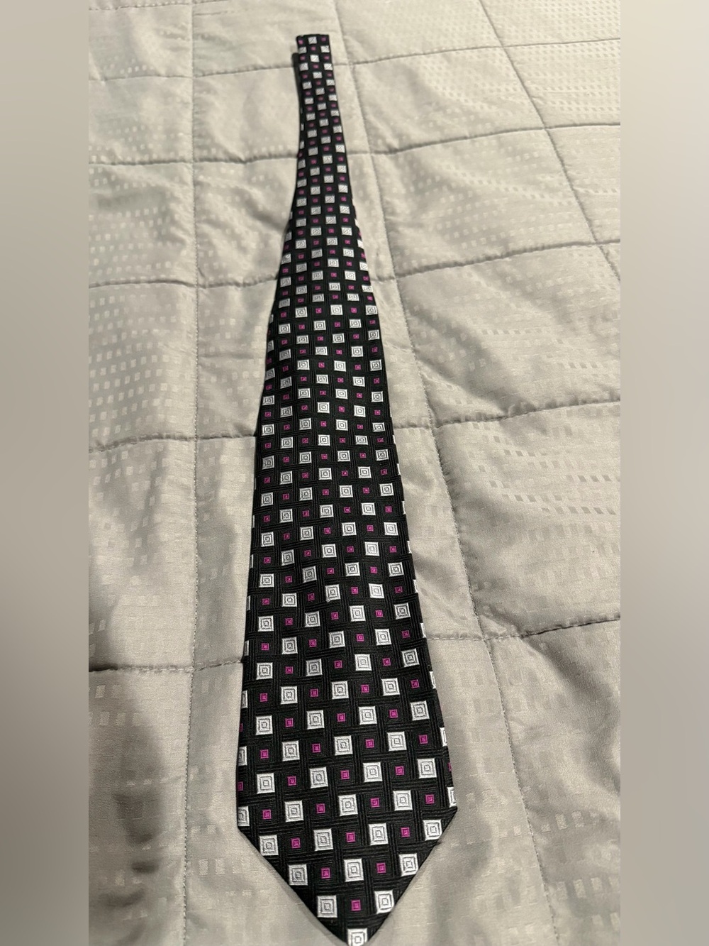 Classic Black Tie with Pink and Silver Square Motif